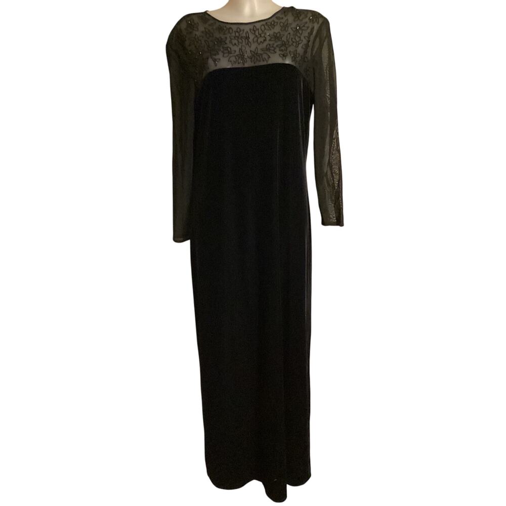 5081 J. R. Nites by Caliendo Formal Black Vintage Velvet 90s Mesh Maxi Dress 16